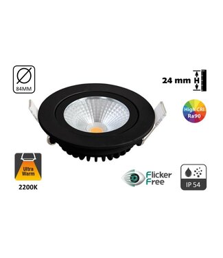 Inbouw LED Spot 5w Flat, 450 Lumen, 2200K, Kantelbaar, IP54, CRI90, Zwart Armatuur, Gatmaat 75mm, 2 Jaar Garantie