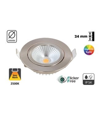 LED-Einbaustrahler 5w Flat, 450 Lumen, 2500K, schwenkbar, IP54, CRI90, Stahlhalterung, Lochgröße 75mm, 2 Jahre Garantie