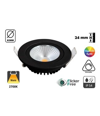 LED-Einbaustrahler 5w Flat, 450 Lumen, 2700K, schwenkbar, IP44, dimmbar, CRI90, schwarze Leuchte, Lochgröße 72mm, 2 Jahre Garantie