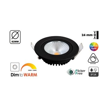 LED-Einbaustrahler 5w Flat, 450 Lumen, Dim To Warm, schwenkbar, IP44, dimmbar, CRI90, schwarze Leuchte, Lochgröße 72mm, 2 Jahre Garantie