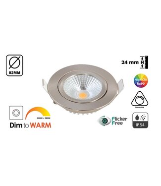 Inbouw LED Spot 5w Flat, 450 Lumen, Dim To Warm, Kantelbaar, IP44, Dimbaar, CRI90, Staal Armatuur, Gatmaat 72mm, 2 Jaar Garantie
