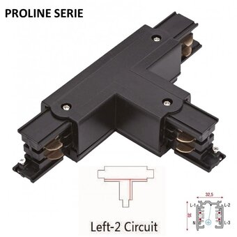 Proline Serie - 3-Phasen-Schiene 4-Draht T-Verbindung - LINKS - INNERE LINIE - Schwarz