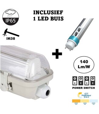 Complete LED TL Armatuur 60cm 6/9/12W, CCT Switch 3000K/4000K/6000K, 840-1680 Lumen (140Lm/w), IP65, Incl. 1x led buis, 3 Jaar garantie