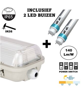 Komplette LED TL Leuchte 60cm 12/18/24W, CCT Schalter 3000K/4000K/6000K, 1680-3360 Lumen (140Lm/w), IP65, Inkl. 2x LED Röhre, 3 Jahre Garantie