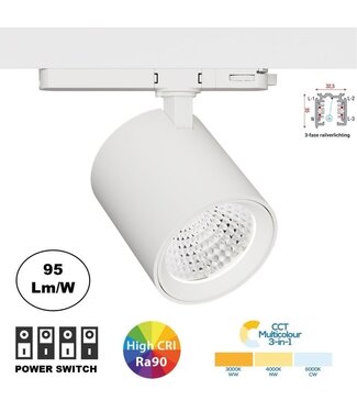 PRIME 3 Fase LED Rail Spot met Wattage switch: 12-42W,  CCT-Switch, 1290 tot 4090 lumen, CRI>90, Witte Behuizing , 5 Jaar Garantie