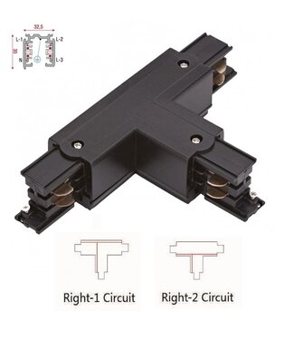 Universele 3 Fase Rail 4 Wire T-Verbinding -RECHTS - BINNENLIJN en BUITENLIJN - Zwart