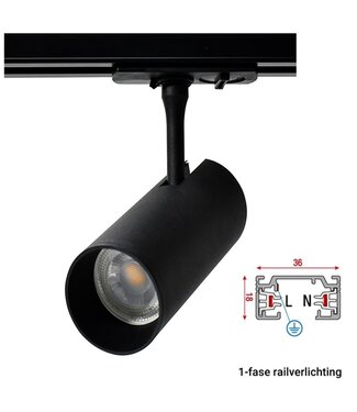 Backorder: 1 Fase Rail armatuur met GU10 Fitting met koker, Zwartkleurige behuizing
