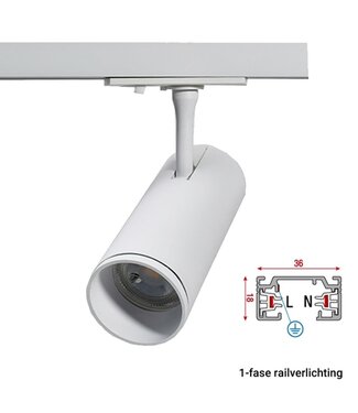 1 Fase Rail armatuur met GU10 Fitting met koker, Witkleurige behuizing