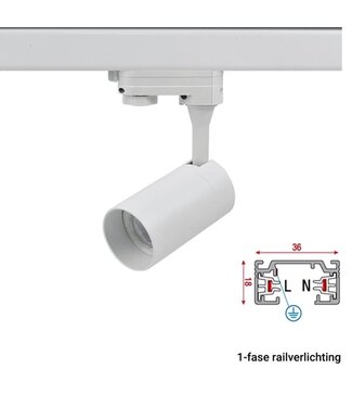 1 Fase Rail armatuur met GU10 Fitting Kort Verdiept, Witkleurige behuizing