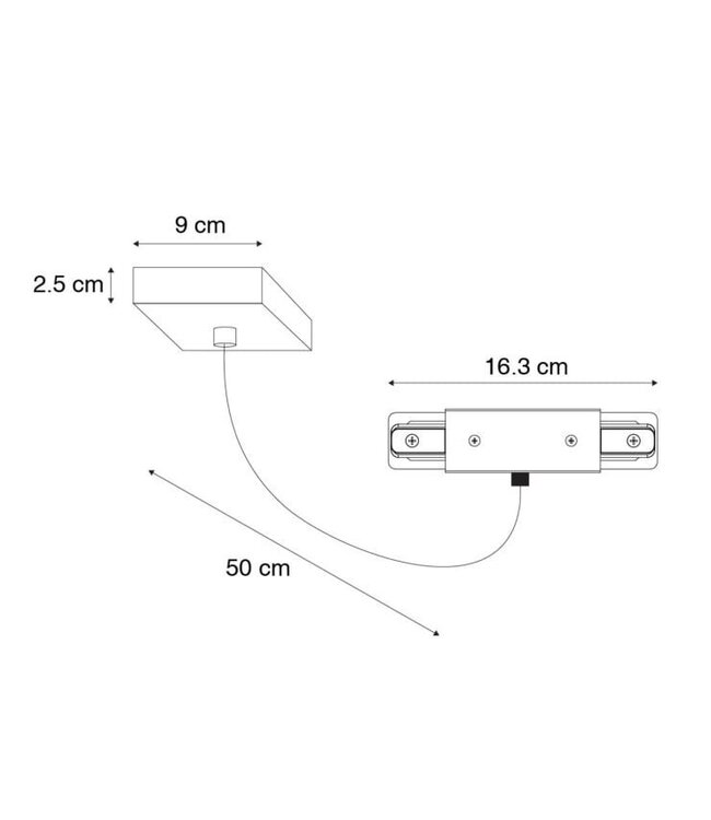 1 Fase Rail 2 wire Middenaansluiting - Incl. Afdekplaat Vierkant Zwart