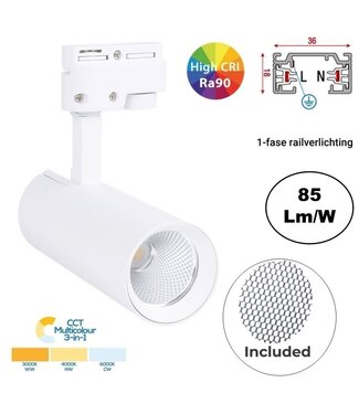 1-Phasen-Schienenstrahler 10 W, 820 Lumen, CCT-Schalter (3000 K/4000 K/6000 K), CRI90, inkl. UGR-Filter, weißes Gehäuse, 3 Jahre Garantie