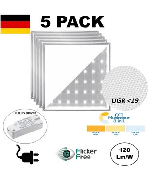 5 PACK - Back-Lit UGR19 LED-Panel 62x 62 cm, 34 W, 4080 Lumen (120 lm/W), Farbwechsel (3000/4000/6000 K), flimmerfreier Philips LED-Treiber, steckerfertig, 3 Jahre Garantie