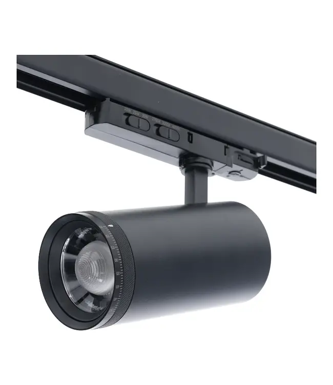 3-Phasen-LED-Schienenstrahler mit einstellbarem Abstrahlwinkel (15°-55°), TRIAC-dimmbar,  Wattageschalter: 20/25/30 W,  CCT-Schalter, 1500 bis 2250 Lumen, CRI>90, schwarzes Gehäuse , 3 Jahre Garantie