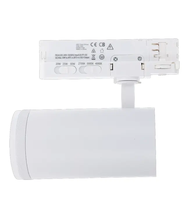 3-Phasen-LED-Schienenstrahler mit einstellbarem Abstrahlwinkel (15°-55°), TRIAC-dimmbar,  Wattageschalter: 20/25/30 W,  CCT-Schalter, 1500 bis 2250 Lumen, CRI>90, weißes Gehäuse , 3 Jahre Garantie