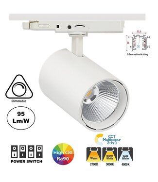 3-Phasen-LED-Schienenstrahler ROS, TRIAC-dimmbar,  Wattageschalter: 10/20/30 W,  CCT-Schalter, 950 bis 2850 Lumen, CRI>90, weißes Gehäuse , 3 Jahre Garantie