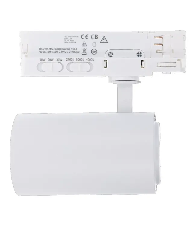 3-Phasen-LED-Schienenstrahler, TRIAC-dimmbar,  Wattageschalter: 10/20/30 W,  CCT-Schalter, 950 bis 2850 Lumen, CRI>90, weißes Gehäuse , 3 Jahre Garantie