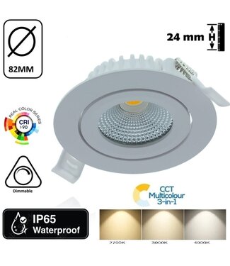 Inbouw LED Spot 6w Flat, 400 Lumen, CCT Switch (2700K/3000K/4000K), Kantelbaar, IP65, Dimbaar, CRI90, Wit Armatuur, Gatmaat 68-72mm, 2 Jaar Garantie