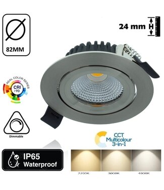 Einbau-LED-Spot 6 W Flat, 400 Lumen, CCT-Schalter (2700 K/3000 K/4000 K), schwenkbar, IP65, dimmbar, CRI90, Stahlgehäuse, Lochgröße 68–72 mm, 2 Jahre Garantie