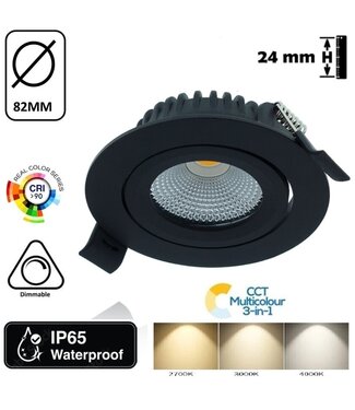 Inbouw LED Spot 6w Flat, 400 Lumen, CCT Switch (2700K/3000K/4000K), Kantelbaar, IP65, Dimbaar, CRI90, Zwart Armatuur, Gatmaat 68-72mm, 2 Jaar Garantie