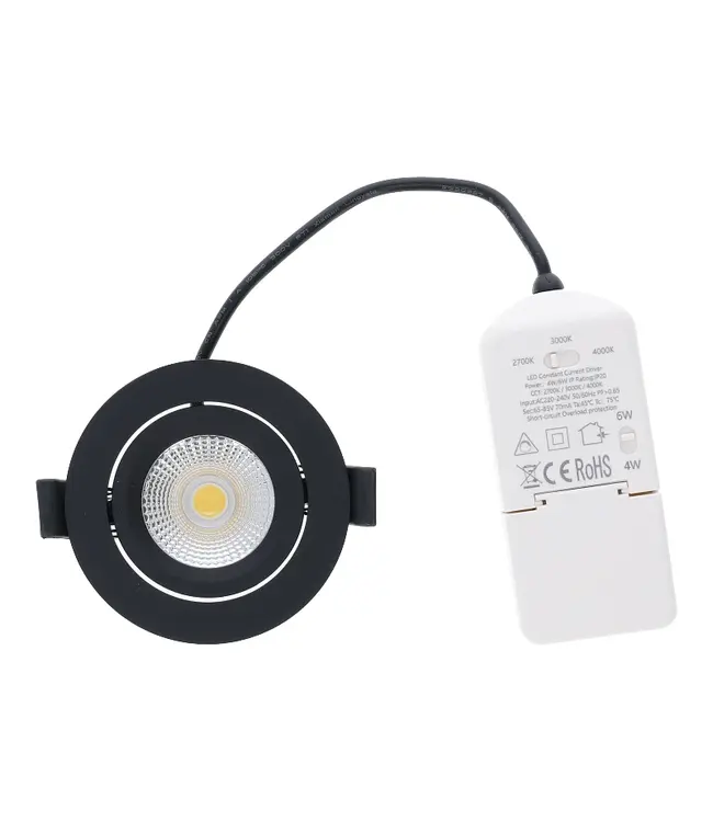 Einbau-LED-Spot 6 W Flat, 400 Lumen, CCT-Schalter (2700 K/3000 K/4000 K), schwenkbar, IP65, dimmbar, CRI90, schwarze Leuchte, Lochgröße 68–72 mm, 2 Jahre Garantie