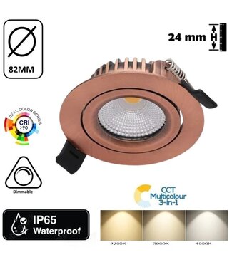 Einbau-LED-Spot 6 W Flat, 400 Lumen, CCT-Schalter (2700 K/3000 K/4000 K), schwenkbar, IP65, dimmbar, CRI90, Kupferarmatur, Lochgröße 68–72 mm, 2 Jahre Garantie