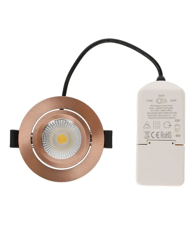 Einbau-LED-Spot 6 W Flat, 400 Lumen, CCT-Schalter (2700 K/3000 K/4000 K), schwenkbar, IP65, dimmbar, CRI90, Kupferarmatur, Lochgröße 68–72 mm, 2 Jahre Garantie
