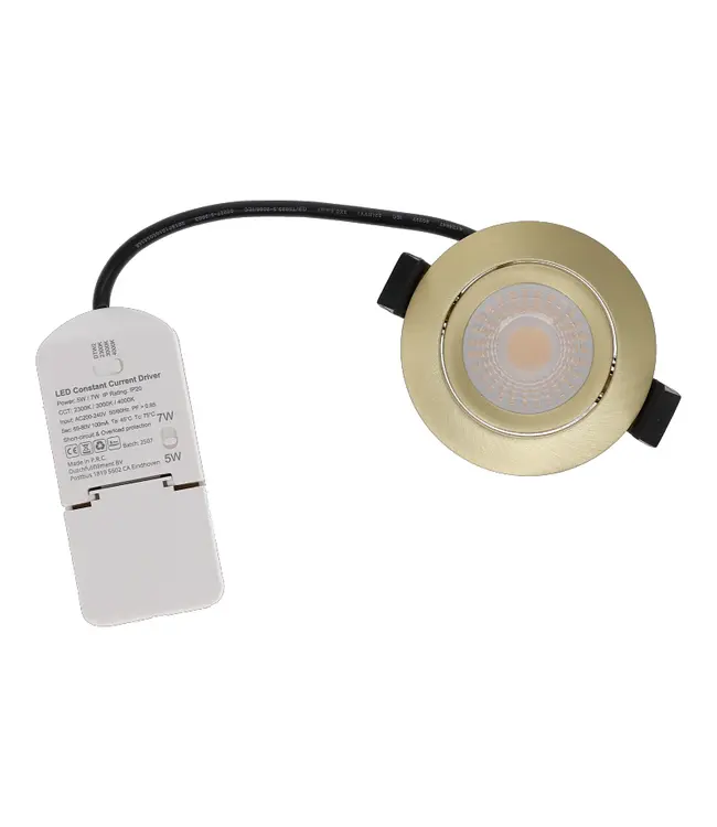 Einbau-LED-Spot 5/7 W Luxus, 475/665 Lumen, CCT + DimToWarm-Schalter (2300 K/3000 K/4000 K + Dim To Warm), schwenkbar, IP65, dimmbar, Messingarmatur, Lochgröße 70 mm, 3 Jahre Garantie