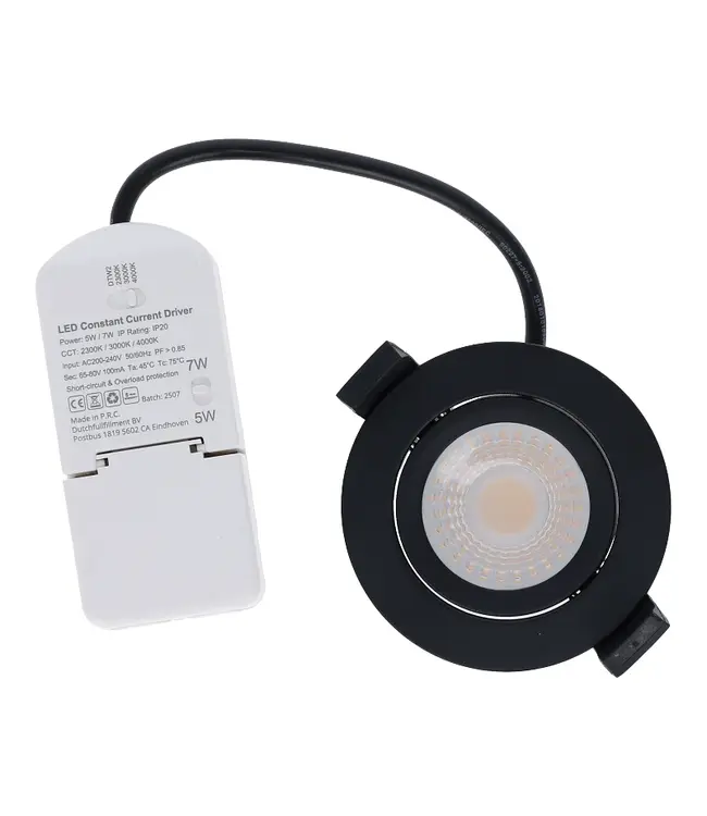 Einbau-LED-Spot 5/7 W Luxus, 475/665 Lumen, CCT + DimToWarm-Schalter (2300 K/3000 K/4000 K + Dim To Warm), schwenkbar, IP65, dimmbar, schwarze Leuchte, Lochgröße 70 mm, 3 Jahre Garantie