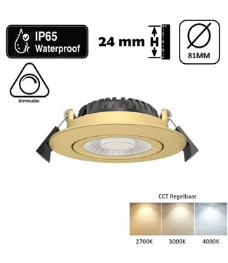 Inbouw LED Spot 5/7w Luxe, 475/665 Lumen, CCT (2700K/3000K/4000K), Kantelbaar, IP65, Dimbaar, Messing Armatuur, Gatmaat 70mm, 3 Jaar Garantie