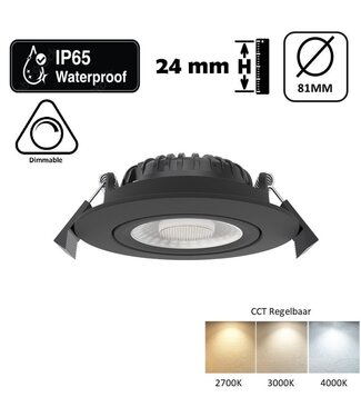 Inbouw LED Spot 5/7w Luxe, 475/665 Lumen, CCT (2700K/3000K/4000K), Kantelbaar, IP65, Dimbaar, Zwart Armatuur, Gatmaat 70mm, 3 Jaar Garantie