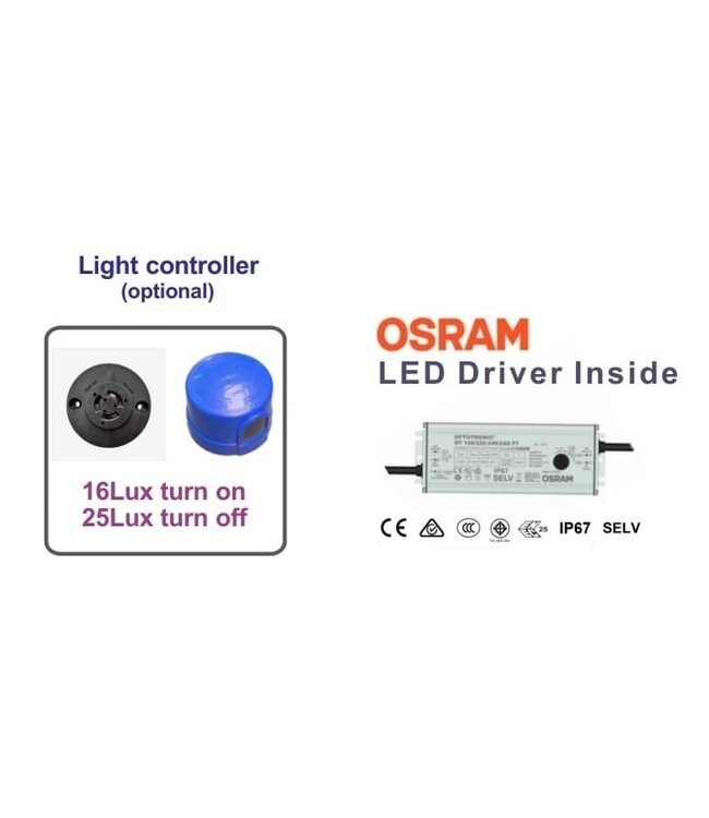 Premium-LED-Straßenbeleuchtung 100 W, mit Tageslichtsensor, 16000 Lm (160 lm/W), 4000 K neutralweiß, Osram LED-Treiber, IP66, IK10, 3 Jahre Garantie