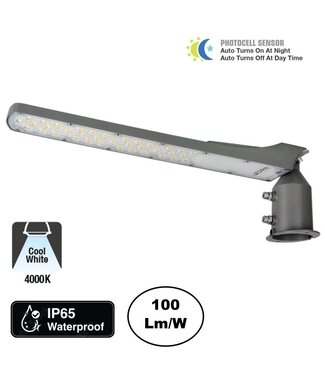 LED-Straßenleuchte Flam 100 W, mit Tageslichtsensor, 10.000 Lumen, 4.000 K, neutralweiß, IP65, Mast-/Wandmontage, graues Gehäuse, 2 Jahre Garantie
