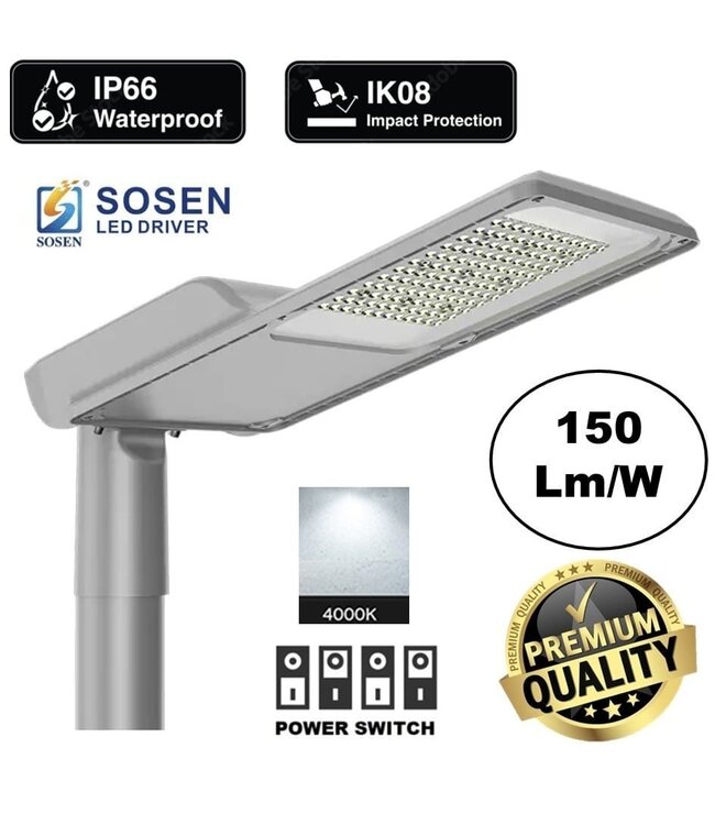 PRO LED-Straßenbeleuchtung 20 W/30 W/40 W/50 W (Powerswitch), 3000–7500 lm (150 lm/W), IP66, IK08, 5 Jahre Garantie
