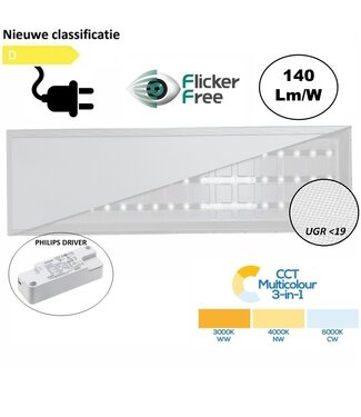 Back-lit UGR19 LED Paneel 30x120cm, 28w, 3900 Lumen (140lm/w), Color Switch (3000/4000/6000K), Flikkervrije Philips LED Driver, Stekkerklaar, 3 Jaar Garantie