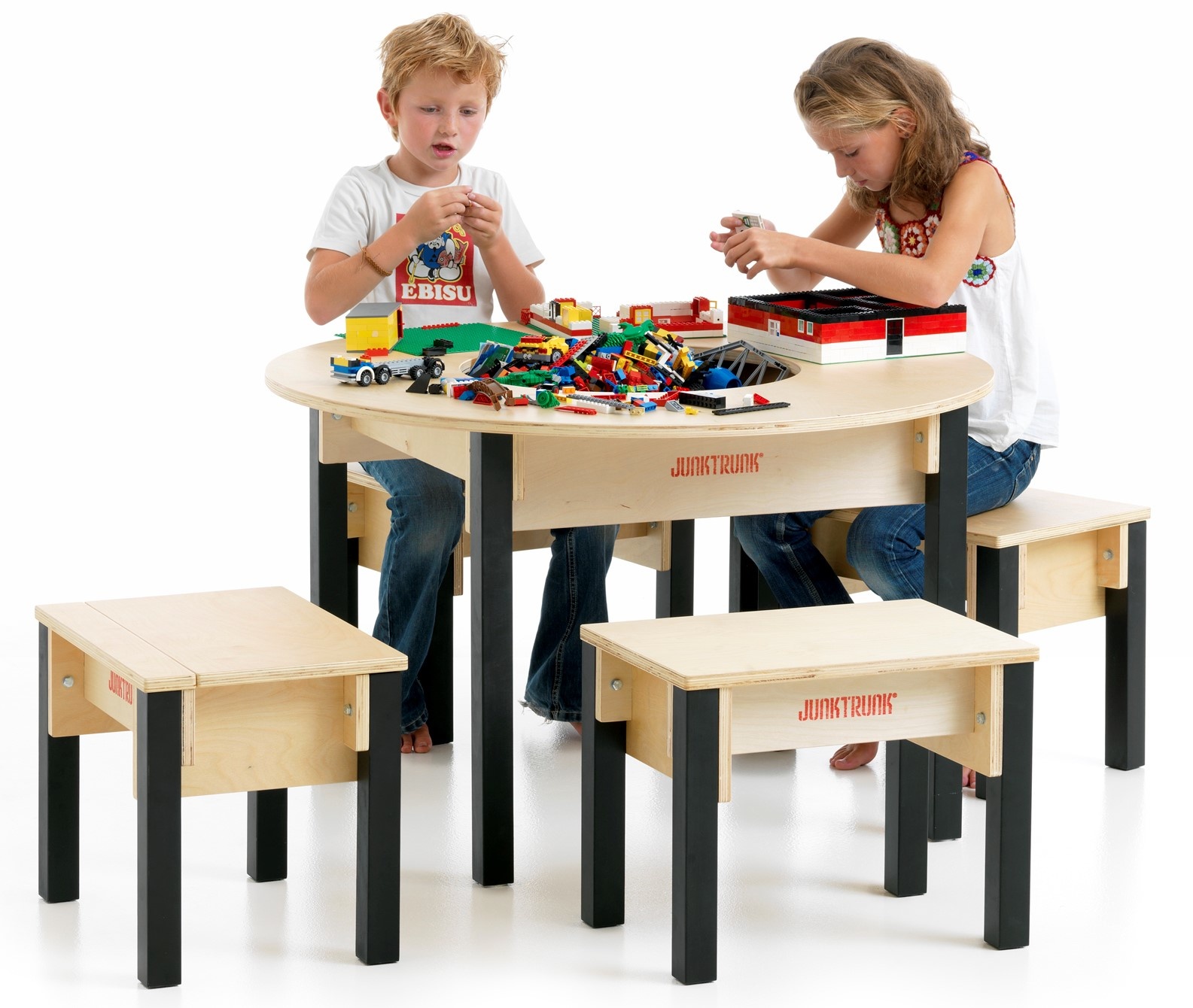 Table ronde Lego en bois avec bac de rangement et 4 tabourets