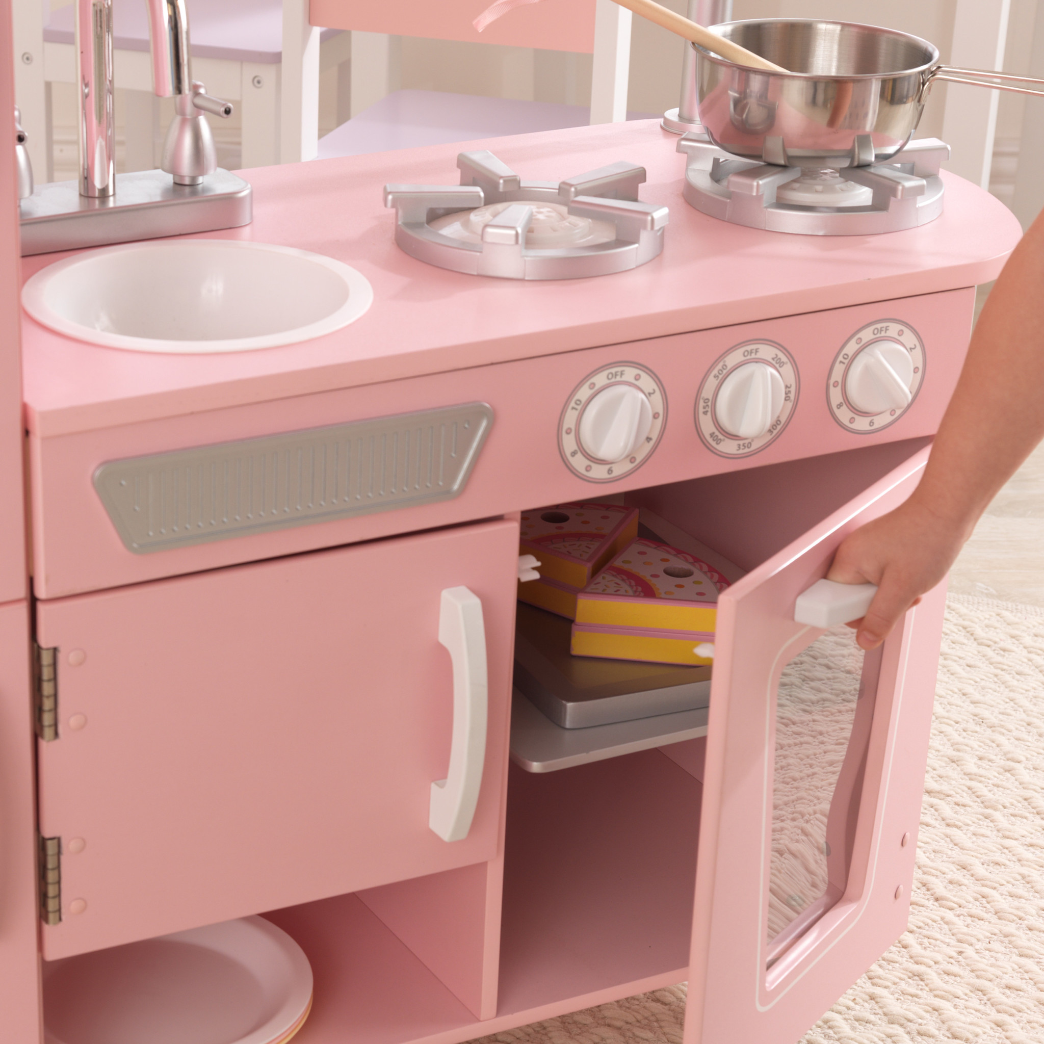 Play kitchen pink vintage - Retro Pink wooden toy kitchen for kids -  KinderSpell ®