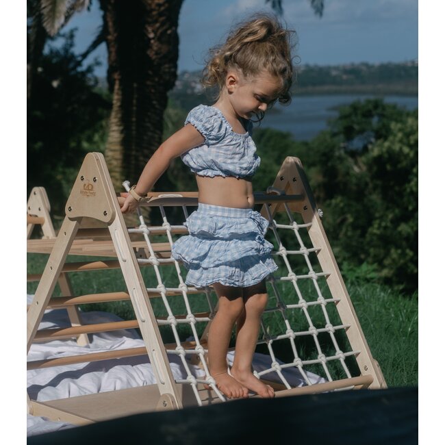 Pikler Klimdriehoek Montessori van hout met klimnet, klimwand en klimrek
