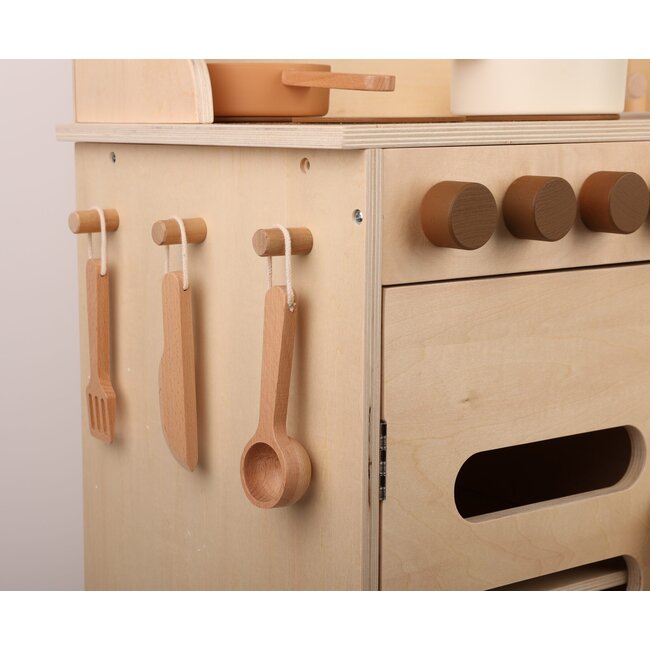 Small wooden play kitchen for children  -  with wooden cooking toys