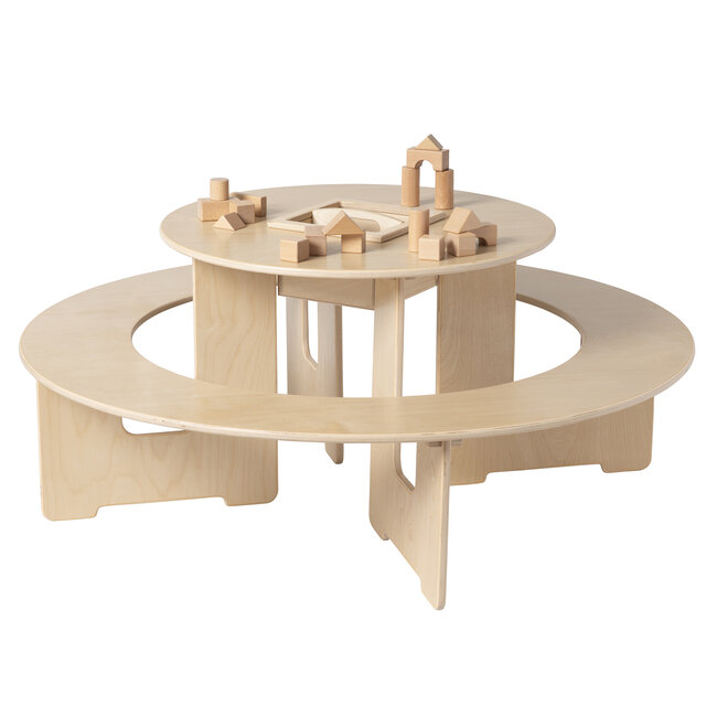 Round wooden table for Lego with integrated bench