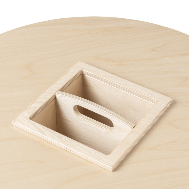 Ronde houten tafel voor Lego met zitbank en opbergbak