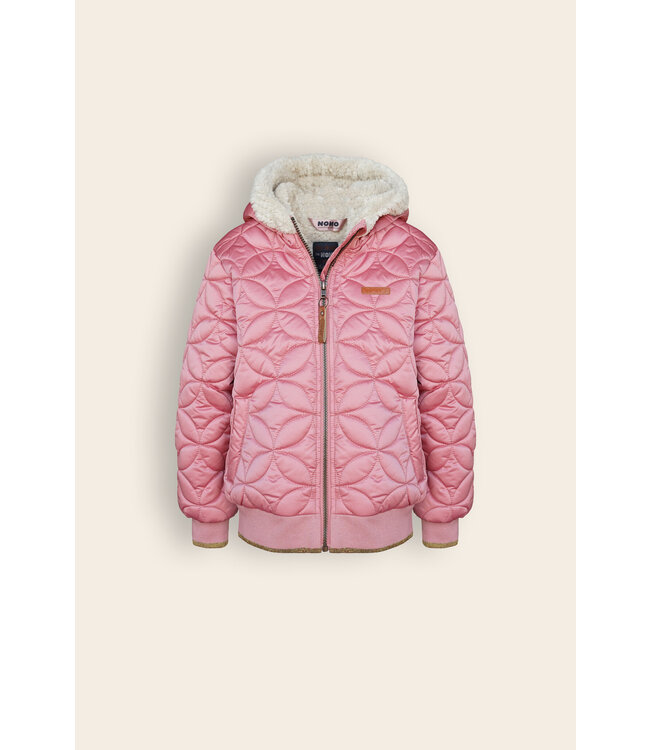 NoNo Meisjes winterjas bomber met capuchon AOP - Bestie - Lychee