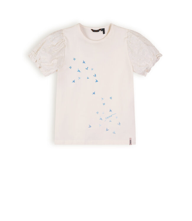 NoNo Meisjes t-shirt met puffy mouw - Kantal - Pearled ivoor wit