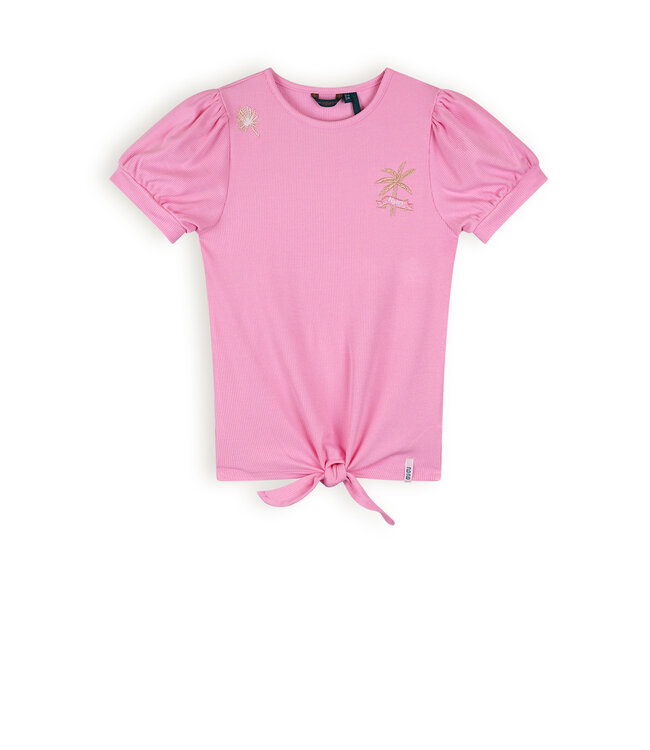 NoNo Meisjes t-shirt rib met knoop - Komy - Camelia roze