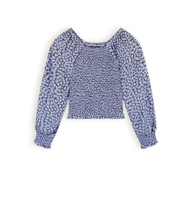 NoBell Meisjes blouse smocked denim - Tessa - Satijn blauw