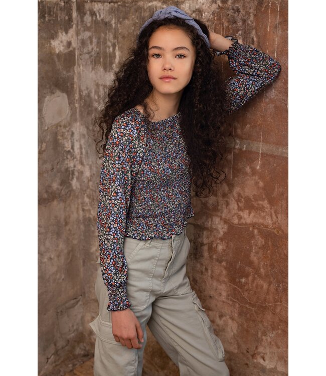 NoBell Meisjes blouse smocked bloemen - Tessa - Grijs navy blauw
