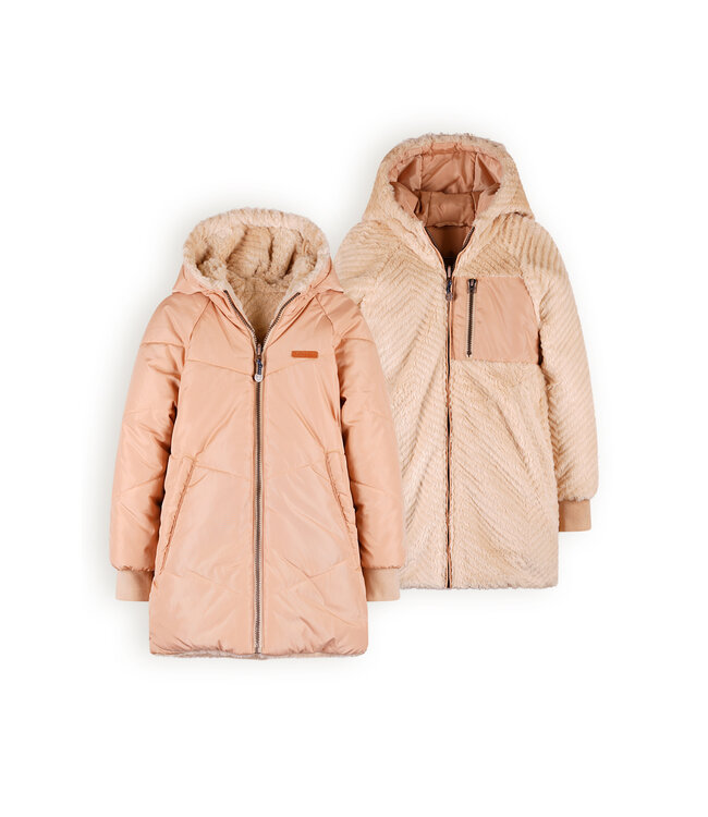 NoNo Meisjes reversibel winterjas halflang met capuchon - Baybee - Zand blush