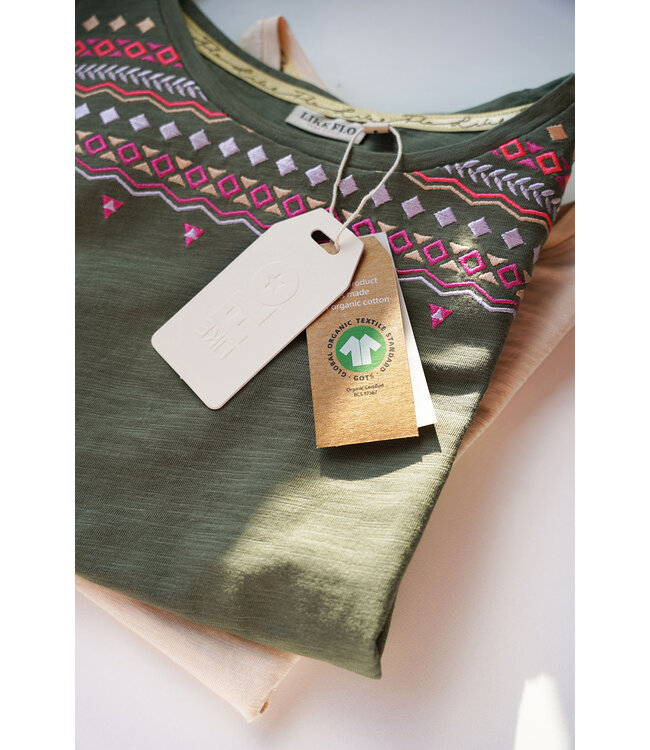 Like Flo zomer t-shirt meisjes - army groen - slub, embroiderie - Elodie
