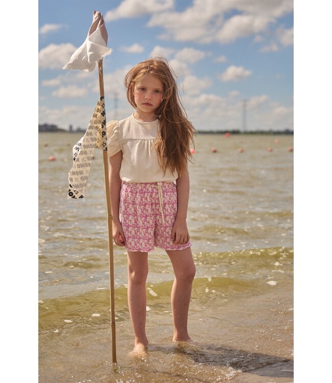 NoNo zomer short meisjes - fresia paars - AOP bloemen, plisse, jersey - Sunny