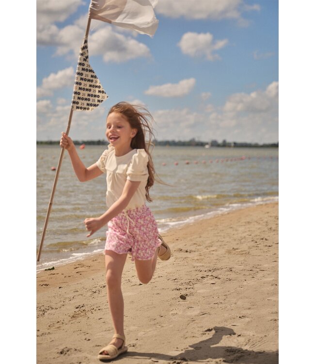 NoNo zomer short meisjes - fresia paars - AOP bloemen, plisse, jersey - Sunny