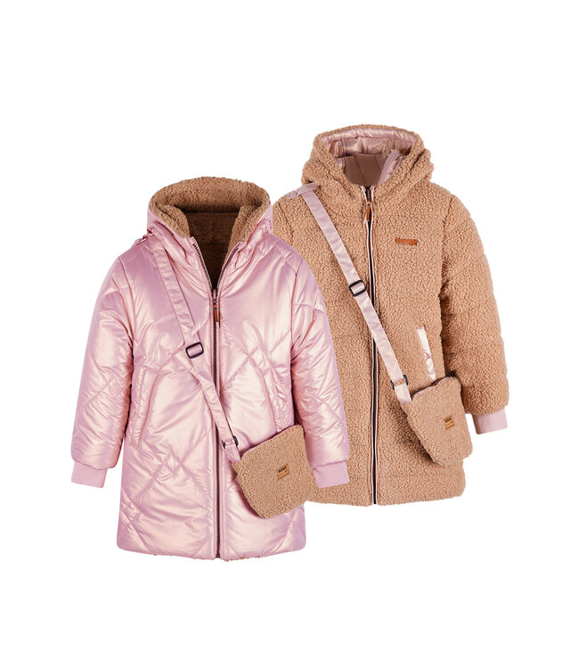 NoNo winter winterjas meisjes - bruin - Betty - reversible, capuchon, middellang + tas